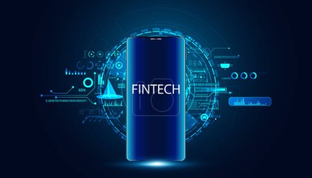 Abstraktes Mobile and Fintech Technology Element HUD Interface Konzept Finanztechnologie Kryptowährungszahlung auf blauem Hintergrund, futuristisch, modern