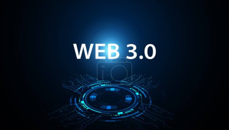 Concepto Digital Web 3.0. Los algoritmos Semantic Web y AI analizan, interpretan y evalúan datos como DeFi, Crypto, NFT, DApps, Smart Contract o Blockchain sobre un hermoso fondo azul.