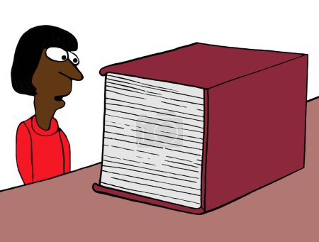 Foto de Una trabajadora negra es intimidada por un manual de un empleado de libro. - Imagen libre de derechos