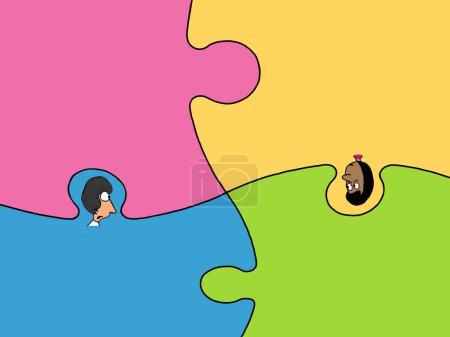Photo for Two women in puzzle pieces are a black woman and a white woman - Royalty Free Image