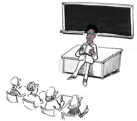 Téléchargez les photos : Le professeur afro-américain se sent submergé, fatigué et nerveux devant ses élèves. - en image libre de droit