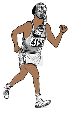 Photo for African American runner is running outside in dirty air so he has to wear a gas mask to breathe well. - Royalty Free Image
