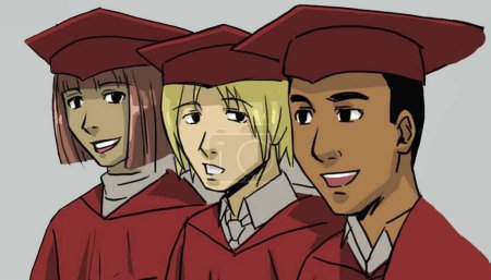 Photo for Color illustration showing two males and a female wearing graduation garb and of different races. - Royalty Free Image