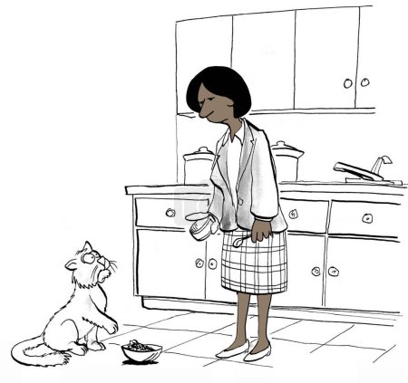 Téléchargez les photos : Illustration couleur d'une femme d'affaires noire, après le travail, nourrir son chat et le chat n'aime pas la nourriture. - en image libre de droit
