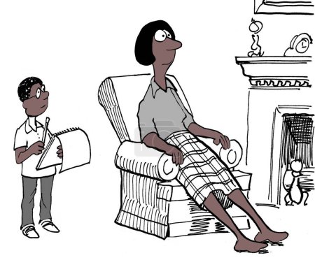 Téléchargez les photos : Caricature en couleur d'une mère noire et de son fils. Il lui demande de l'aide avec de nouvelles maths.. - en image libre de droit