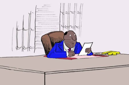 Téléchargez les photos : Illustration en couleur d'un dirigeant afro-américain respecté assis à son bureau et lisant une note de service. - en image libre de droit