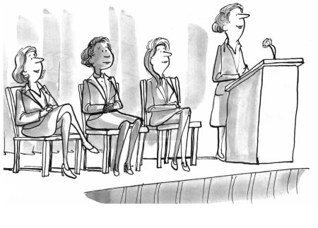 Téléchargez les photos : Illustration en noir et blanc montrant des femmes blanches et noires assises sur une scène sur le point de participer à une table ronde. - en image libre de droit