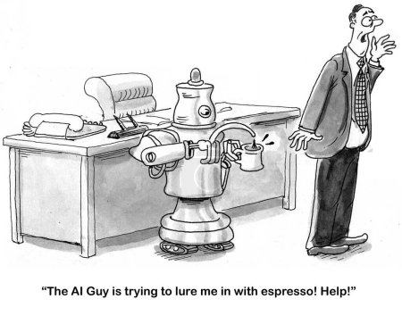 Téléchargez les photos : Illustration B & W d'un robot IA essayant d'amener le manager à utiliser ses capacités en servant de l'espresso. - en image libre de droit