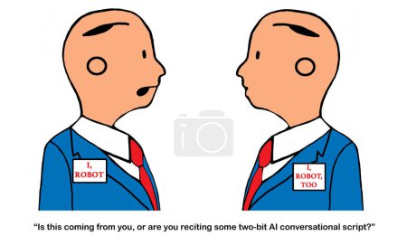 Téléchargez les photos : Caricature couleur d'un robot demandant à l'autre robot s'il utilise l'IA pour parler. - en image libre de droit