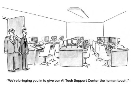 Foto de B & W de dibujos animados de un jefe trayendo a un nuevo gerente humano para dar el vacío AI Tech Support Center un toque humano. - Imagen libre de derechos