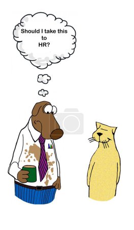 Téléchargez les photos : Caricature en couleur d'un chien exécutif avec du café sur sa chemise, le chat l'a-t-il fait ? Devrait-il porter ça aux RH ?. - en image libre de droit