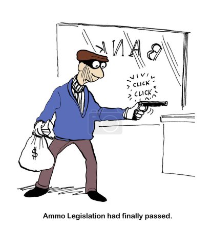 Foto de Ilustración a color de un ladrón varón sorprendido de que su arma no tiene balas debido a la legislación de control de armas de munición. - Imagen libre de derechos