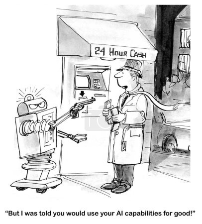 Foto de B & W ilustración de un robot de IA utilizando sus capacidades para el mal - que está robando al hombre en el cajero automático - no utilizando sus capacidades para el bien. - Imagen libre de derechos