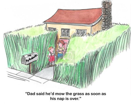 Téléchargez les photos : Caricature couleur d'un garçon VanWinkle disant à sa mère que son père, Rip, déplacera l'herbe après sa sieste. - en image libre de droit