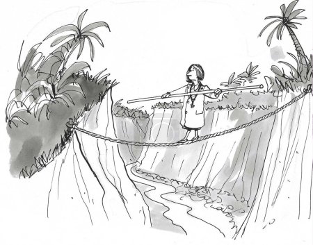 Téléchargez les photos : Illustration B & W d'une femme médecin traversant avec succès un gouffre profond en marchant sur une corde raide. - en image libre de droit