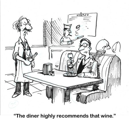 Foto de B & W de dibujos animados de un camarero en un restaurante recomendando un costo, mal degustación de vino para el patrón masculino. - Imagen libre de derechos