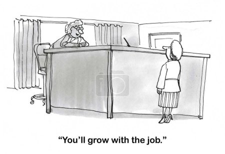 Téléchargez les photos : Illustration en noir et blanc montrant une toute petite femme et un nouveau patron lui disant qu'elle "grandira avec le travail". - en image libre de droit