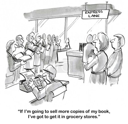 Foto de B & W de dibujos animados de una autora que observa a los clientes leyendo revistas en el pasillo de compra de comestibles y sugiere que venderá más libros si se venden en la caja de la tienda de comestibles. - Imagen libre de derechos