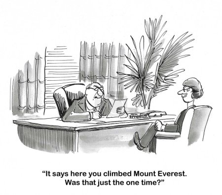 Foto de BW caricatura de reclutador de trabajo masculino, que se siente intimidado, preguntando al candidato de trabajo masculino si solo escaló el Monte Everest una vez. - Imagen libre de derechos