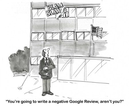 Téléchargez les photos : BW dessin animé d'un homme d'affaires bouleversé. Le vendeur qu'il est contrarié par dit, 'Vous allez écrire un négatif Google Review...'. - en image libre de droit
