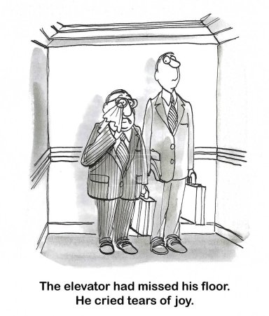 Foto de BW de dibujos animados de un llorón masculino profesional - él tiene lágrimas de alegría porque el ascensor perdió su piso de trabajo. - Imagen libre de derechos