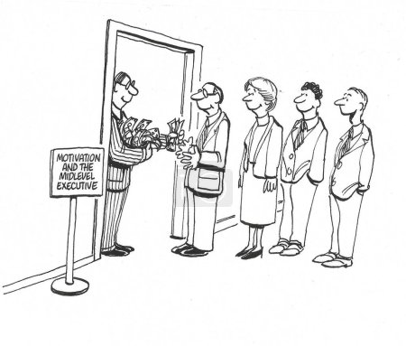 Foto de BW ilustración de dibujos animados que muestra a un jefe masculino repartiendo dinero en efectivo a los empleados ejecutivos, 'Motivación y el ejecutivo de nivel medio'. - Imagen libre de derechos