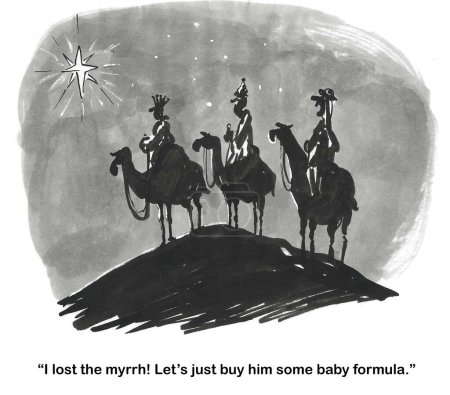 Foto de BW dibujos animados de los tres sabios en camellos. Uno perdió la mirra y sugiere la fórmula del bebé como regalo para Jesucristo, Navidad. - Imagen libre de derechos