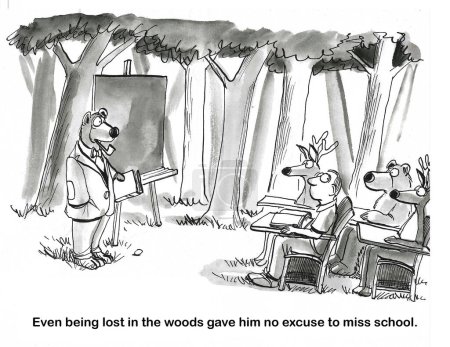Téléchargez les photos : BW dessin animé d'un jeune adolescent, perdu dans les bois. Il pensait qu'il n'aurait pas à aller à l'école, mais il a été amené à l'école les animaux sauvages fréquentent. - en image libre de droit