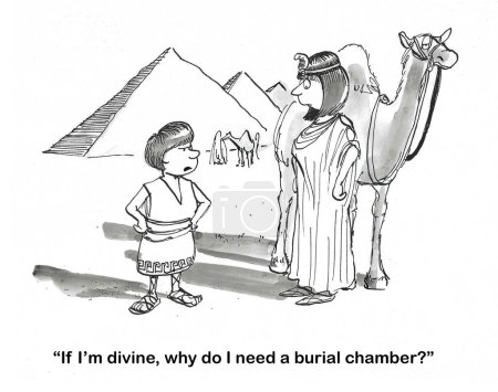 Téléchargez les photos : BW dessin animé d'un enfant qui interroge sa mère sur tout : "Si je suis divin, pourquoi ai-je besoin d'une chambre funéraire?" - en image libre de droit
