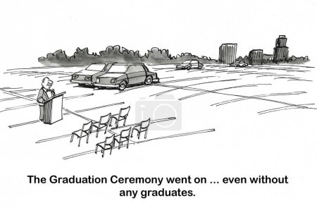 Photo for BW cartoon showing a dean conducting the graduation ceremony, even though there are no graduates. - Royalty Free Image