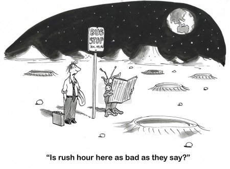 Téléchargez les photos : BW dessin animé d'un homme parlant avec un martien sur Mars et demandant si l'heure de pointe est mauvaise. - en image libre de droit