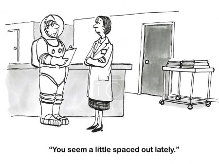 Foto de BW caricatura de un médico masculino con un traje espacial, parece un poco espaciado. - Imagen libre de derechos