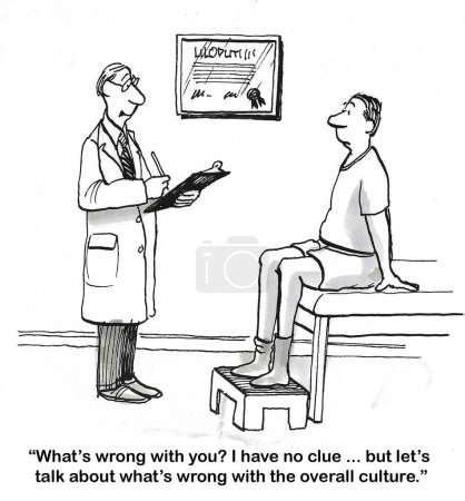 Foto de Caricatura de BW de un paciente masculino que se siente enfermo. El médico no tiene idea de por qué está enfermo, prefiere discutir los problemas con la cultura en general. - Imagen libre de derechos