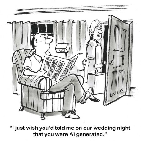 Foto de BW caricatura de una esposa dejando a su marido porque él no le dijo en su noche de bodas que se genera IA. - Imagen libre de derechos