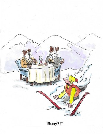 Karikatur, die zwei Bernhardinerhunde zeigt, die Wein trinken und reden. Sie sind zu beschäftigt, um dem Skifahrer im Schneegestöber zu helfen.