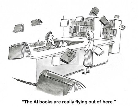 Téléchargez les photos : BW dessin animé montrant des livres volants. Le bibliothécaire indique que les clients sont intéressés par les livres sur l'IA. - en image libre de droit