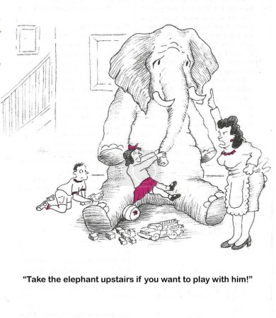 BW dessin animé de deux enfants jouant avec un véritable éléphant dans leur maison, Maman états prendre l'éléphant à l'étage!
