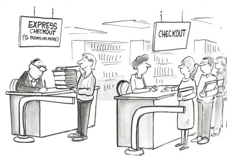 Foto de BW caricatura de dos líneas de pago en la biblioteca, el Express solo tiene un patrón. - Imagen libre de derechos