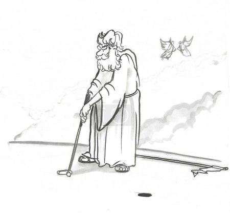 Téléchargez les photos : BW dessin animé montrant que dans le ciel même Dieu joue au golf. - en image libre de droit