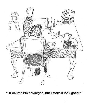 BW cartoon of a very long dinner table.  Seated is one rich man, with a portrait of himself facing him.  He thinks he makes rich look good.