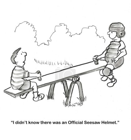 Photo for BW cartoon of two children on a seesaw, one is wearing an 'official seesaw helmet'. - Royalty Free Image