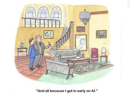 Dibujos animados a color de un hombre rico que afirma que es rico porque entró temprano en AI.