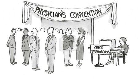 Téléchargez les photos : BW dessin animé montrant une convention du médecin. Il y a un stand pour chaque médecin pour vérifier leur stéthoscope. - en image libre de droit