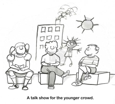 BW cartoon showing children on a tv talk show set, a talk show has finally been developed for kids.
