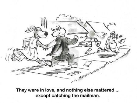 Photo for BW cartoon of two dogs deeply in love, but they still enjoy chasing the mailman. - Royalty Free Image