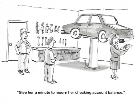 Die BW-Karikatur einer Frau ist fassungslos über die Kosten ihrer Autoreparatur. Ein Automechaniker sagt zum anderen, er solle ihr eine Minute "zum Trauern" geben..