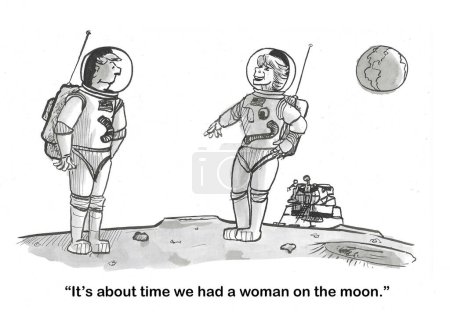 Caricatura de BW de un astronauta masculino y femenino caminando en la luna. La mujer dice 'ya era hora'.