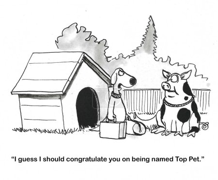 BW dessin animé d'un chien quittant la maison familiale depuis que le cochon a été nommé "Top Pet'.