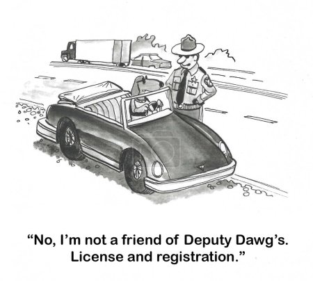 SW-Karikatur eines Hundes, der mit seinem Auto auf der Autobahn fährt. Der Polizeibeamte ist kein Freund von Dawgs Stellvertreter.