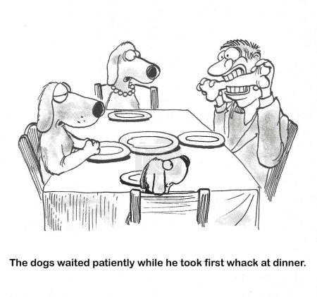 BW dessin animé de trois chiens de maison regardant le propriétaire mâle prend la première bouchée de l'os du chien à la table du dîner.